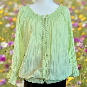 Harve Benard XL Textured Button-Up Peasant Blouse Smocked Neck Boho Cottagecore